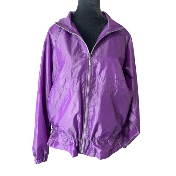 Retro Windbreaker Jacket- women size XL- periwinkle metallic purple cinch bottom - Picture 1 of 15